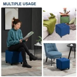 Tufted Ottoman Linen-Touch Fabric Upholstered Footrest Stool With Anti-Slip Pads, Blue -Olsberg shop 03ad03acb76f4702bc9ccbd2d58f9b24