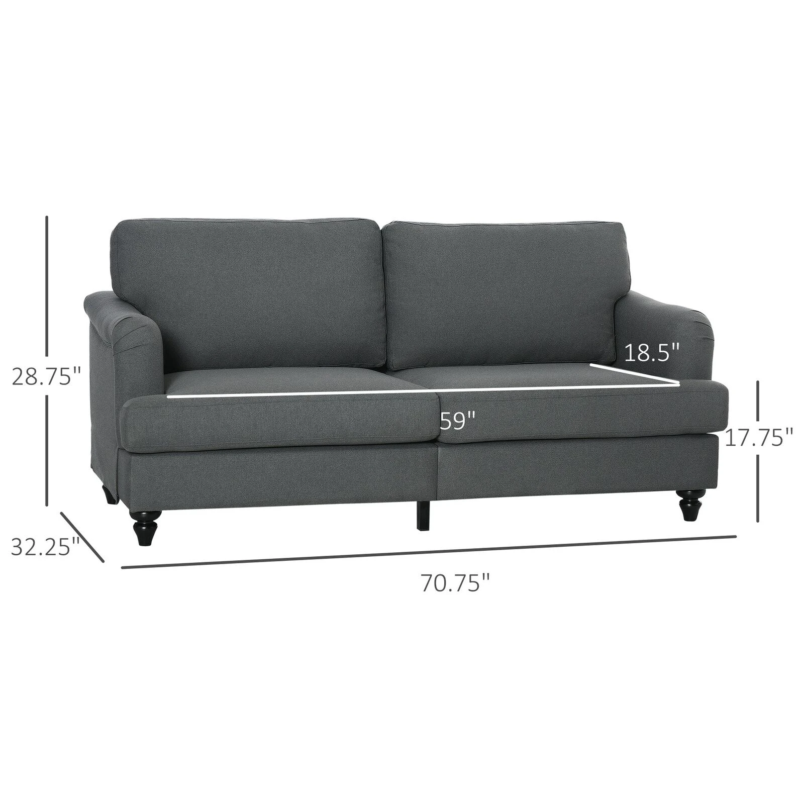Grey 3-Seater Sofa Couch, 71" Modern Linen Fabric Sofa With Rubber Wood Legs And Slatted Frame 5 Grey 3-Seater Sofa Couch, 71" Modern Linen Fabric Sofa With Rubber Wood Legs And Slatted Frame - Image 3