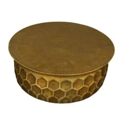 Jed 32 Inch Handcrafted Industrial Hammered Brass Round Coffee Table, Aluminum, Antique Brass-Benzara -Olsberg shop 0602efba5df64a04a33eb45e059b3fc7