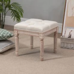 15.75" Vintage Ottoman, Tufted Foot Stool With Upholstered Seat, Rustic Wood Legs For Bedroom, Living Room, Beige -Olsberg shop 063806efc36d48668ff6e28c00be8504