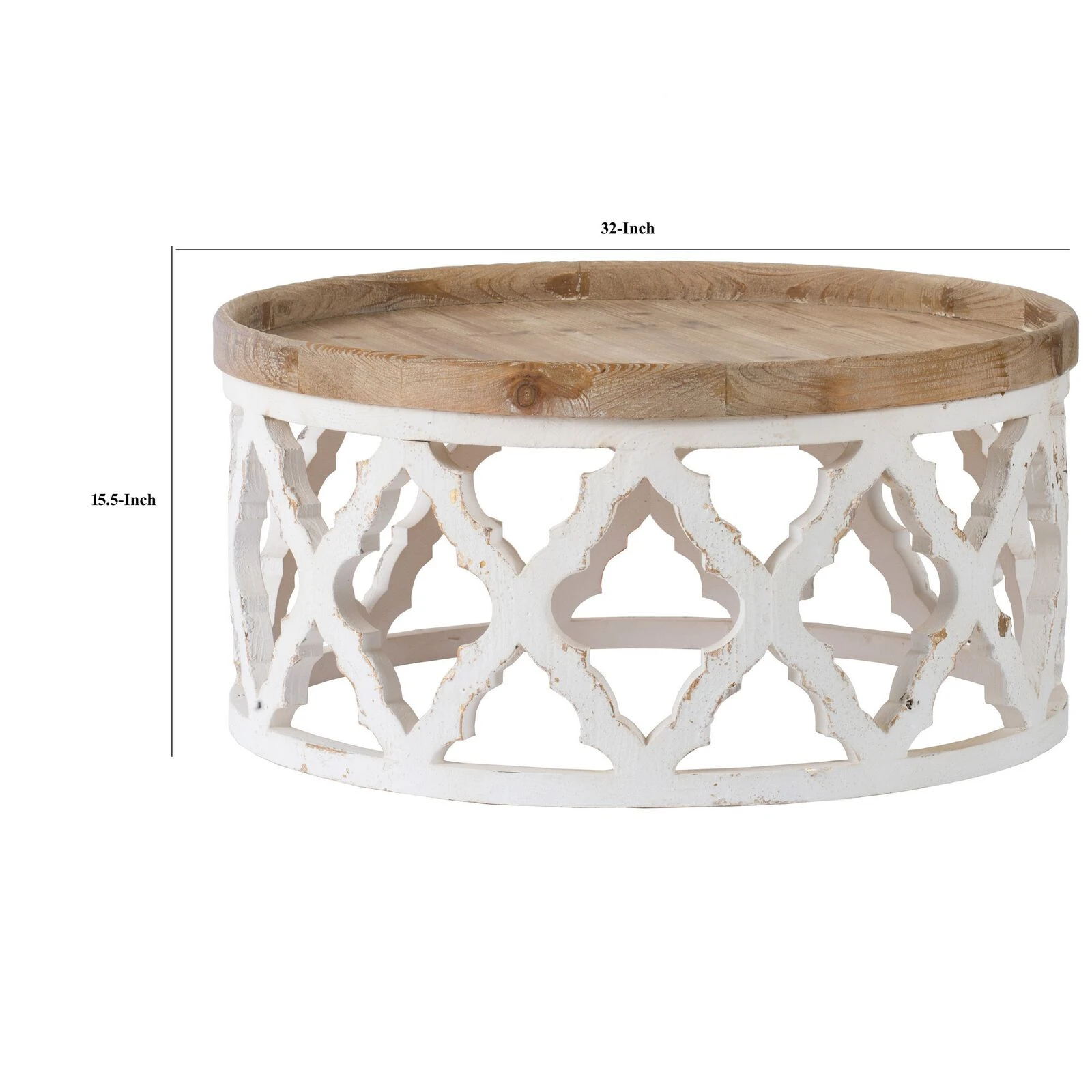 Ode 32 Inch Coffee Table, Round, Quatrefoil Lattice Design, Brown, White-Benzara 7 Ode 32 Inch Coffee Table, Round, Quatrefoil Lattice Design, Brown, White-Benzara - Image 5