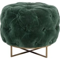19" Emerald Green And Gold Tufted Round Stool