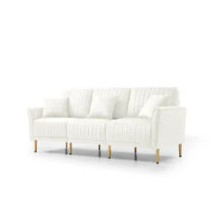 Contemporary Velvet Upholstered 3 Seater Sofa With Deep Channel Tufting And Gold Metal Legs, Cream
