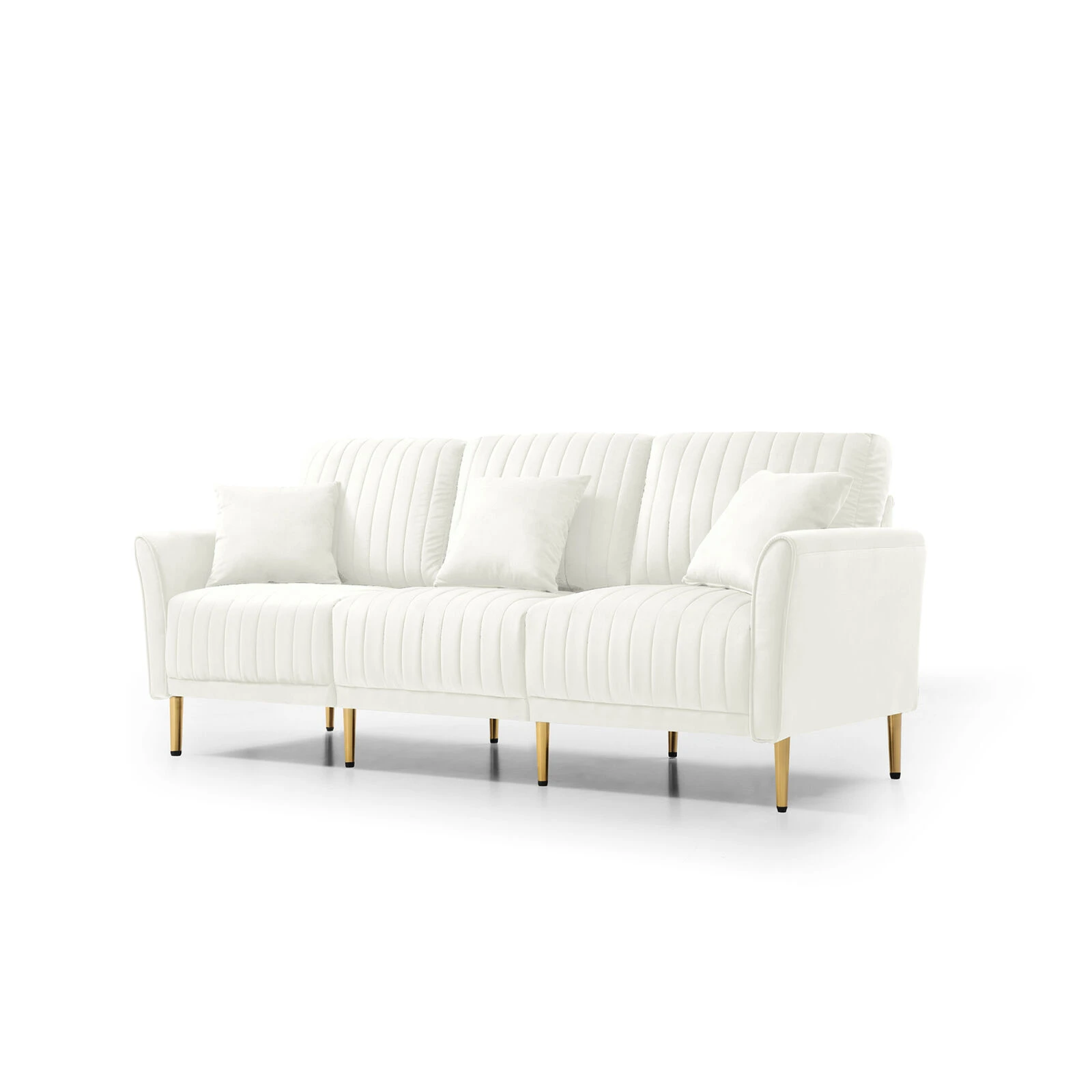 Contemporary Velvet Upholstered 3 Seater Sofa With Deep Channel Tufting And Gold Metal Legs, Cream 3 Contemporary Velvet Upholstered 3 Seater Sofa With Deep Channel Tufting And Gold Metal Legs, Cream