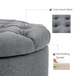 Round Linen-touch Fabric Storage Stool Ottoman Button Tufted Footrest With Removable Lid For Living Room, Entryway, Or Bedroom, Grey 12 Round Linen-touch Fabric Storage Stool Ottoman Button Tufted Footrest With Removable Lid For Living Room, Entryway, Or Bedroom, Grey -Olsberg shop 0c7396bef5a941bda7bb60f688f53223