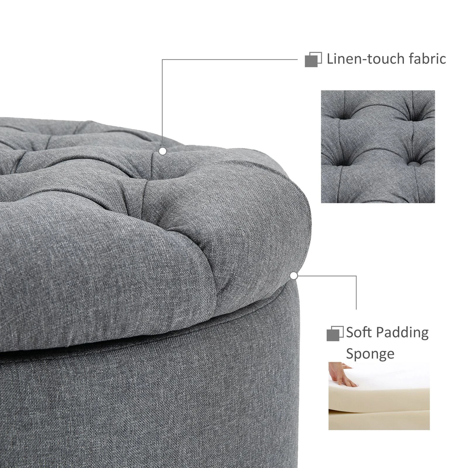 Round Linen-touch Fabric Storage Stool Ottoman Button Tufted Footrest With Removable Lid For Living Room, Entryway, Or Bedroom, Grey 7 Round Linen-touch Fabric Storage Stool Ottoman Button Tufted Footrest With Removable Lid For Living Room, Entryway, Or Bedroom, Grey - Image 5