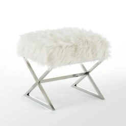 Homezia 18" White Faux Fur With Silver Ottoman -Olsberg shop 0cf75ee86a6d46ffab5ac2f9d4cdacae