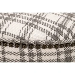 Elly 20 Inch Plaid Fabric Ottoman, Round, Nailhead Accents, Gray, White-Benzara 11 Elly 20 Inch Plaid Fabric Ottoman, Round, Nailhead Accents, Gray, White-Benzara -Olsberg shop 0d39d0e44fee4e1996ec3101c9f7f30d