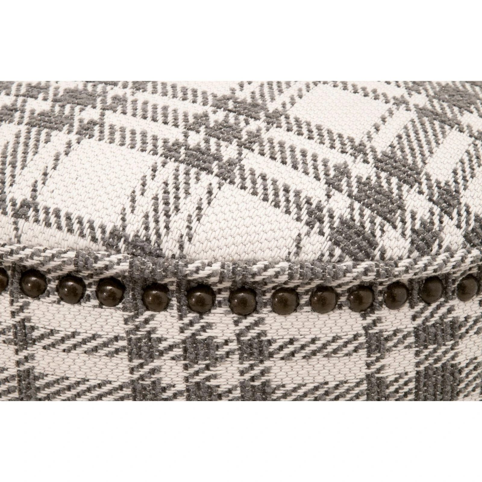 Elly 20 Inch Plaid Fabric Ottoman, Round, Nailhead Accents, Gray, White-Benzara 6 Elly 20 Inch Plaid Fabric Ottoman, Round, Nailhead Accents, Gray, White-Benzara - Image 4