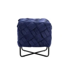 Homezia 17" Navy Velvet And Black Cube Ottoman