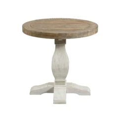 26 Inch Round End Table With Pedestal Base, Brown And White- Benzara