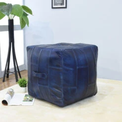 Geometric Handmade Leather Square Pouf 18"x18"x18" (Recycled Foam With Fibre Fill) Vintage Blue Color MABBBACPF25 BBH Homes -Olsberg shop 100261b368e84fd5a7efb1b2aaeacf3b