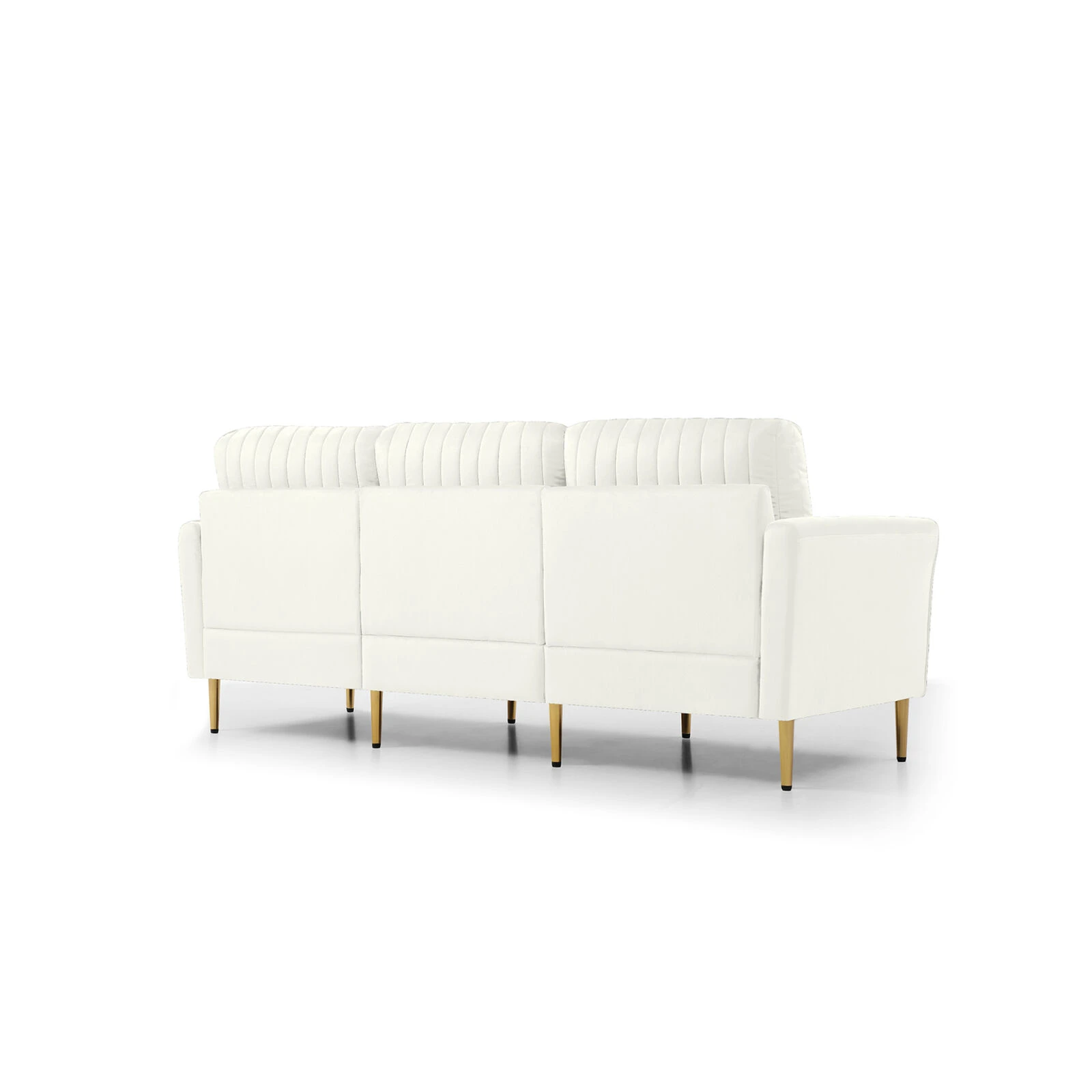Contemporary Velvet Upholstered 3 Seater Sofa With Deep Channel Tufting And Gold Metal Legs, Cream 5 Contemporary Velvet Upholstered 3 Seater Sofa With Deep Channel Tufting And Gold Metal Legs, Cream - Image 3