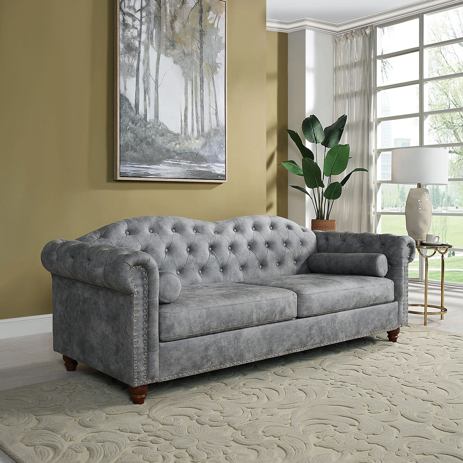 Classic Traditional Living Room Upholstered Sofa With High-tech Fabric Surface/ Chesterfield Tufted Fabric Sofa Couch, Large-Grey 4 Classic Traditional Living Room Upholstered Sofa With High-tech Fabric Surface/ Chesterfield Tufted Fabric Sofa Couch, Large-Grey - Image 2