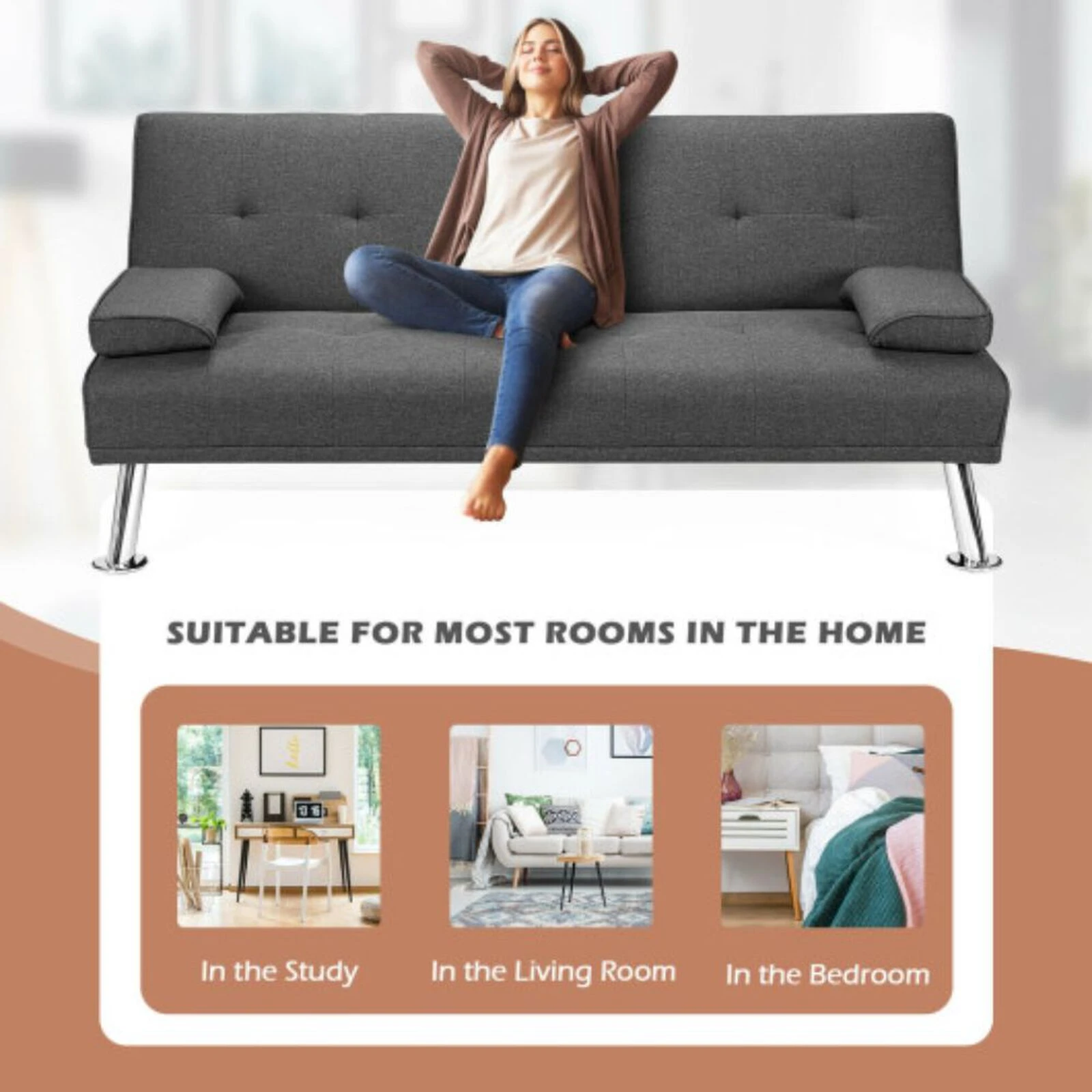 Convertible Folding Futon Sofa Bed Fabric With 2 Cup Holders 4 Convertible Folding Futon Sofa Bed Fabric With 2 Cup Holders - Image 2