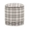 Elly 20 Inch Plaid Fabric Ottoman, Round, Nailhead Accents, Gray, White-Benzara