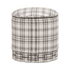 Elly 20 Inch Plaid Fabric Ottoman, Round, Nailhead Accents, Gray, White-Benzara