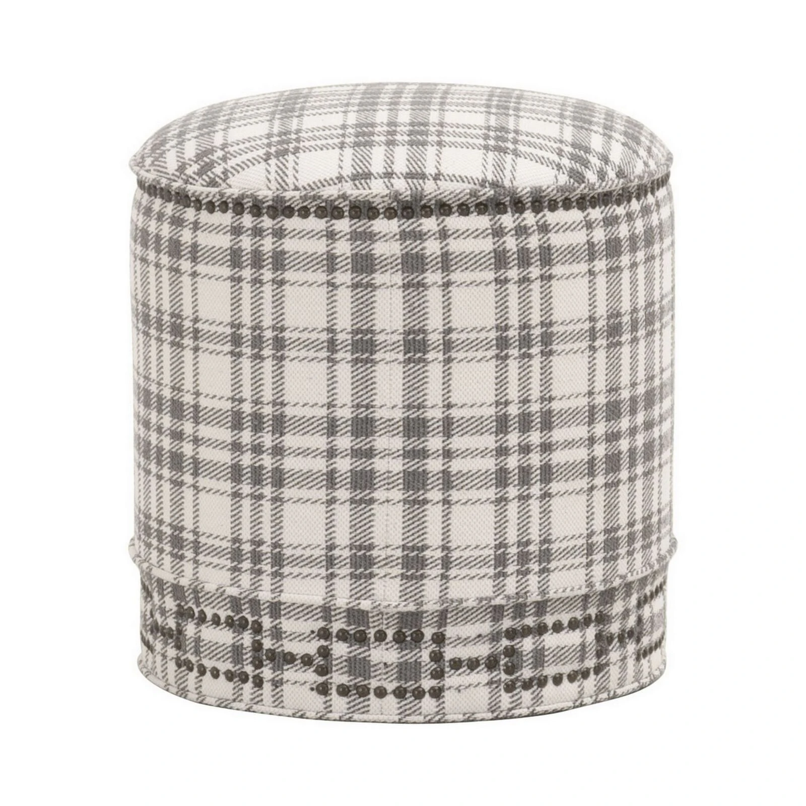 Elly 20 Inch Plaid Fabric Ottoman, Round, Nailhead Accents, Gray, White-Benzara 3 Elly 20 Inch Plaid Fabric Ottoman, Round, Nailhead Accents, Gray, White-Benzara