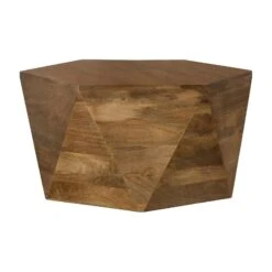 35 Inch Wood Drum Coffee Table, Artisan Hexagonal Rich Natural Brown Finish-Benzara