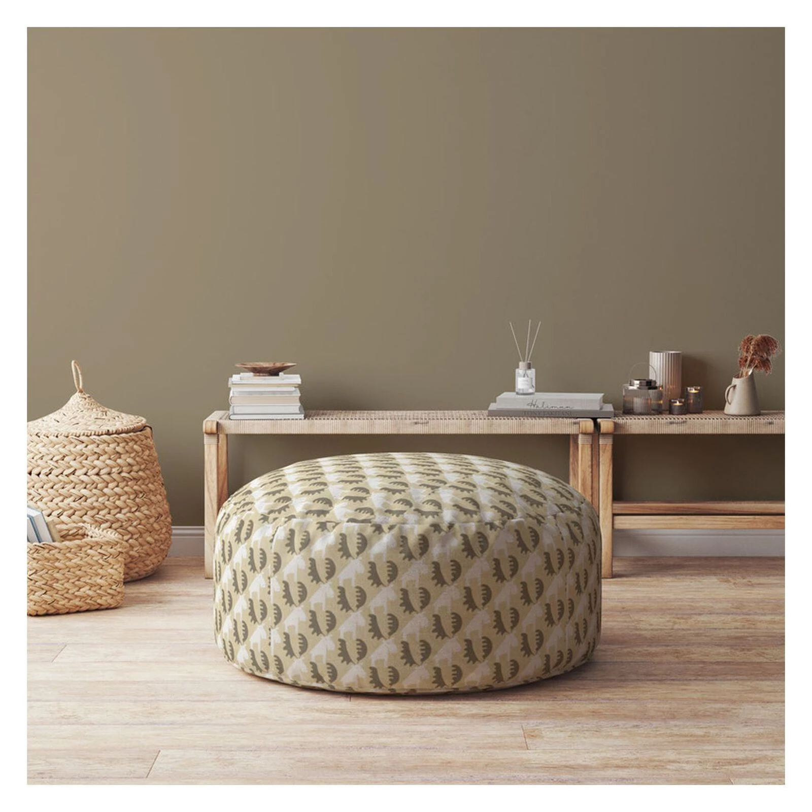 Homezia 24" Beige Cotton Round Animal Print Ottoman 4 Homezia 24" Beige Cotton Round Animal Print Ottoman - Image 2