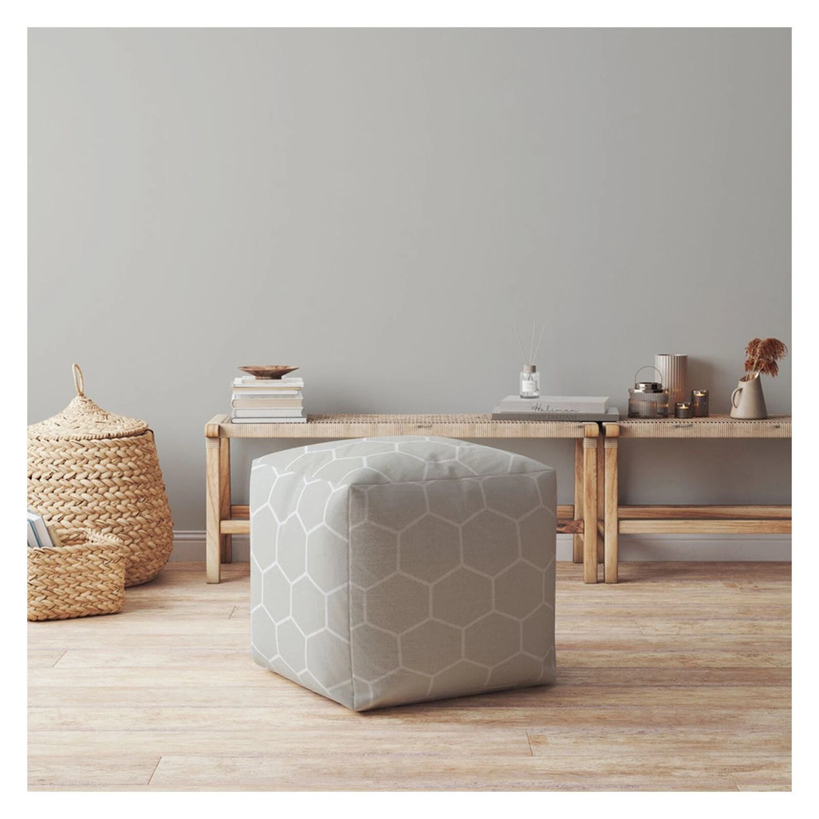 Homezia 17" Grey Cotton Geometric Pouf Ottoman 4 Homezia 17" Grey Cotton Geometric Pouf Ottoman - Image 2