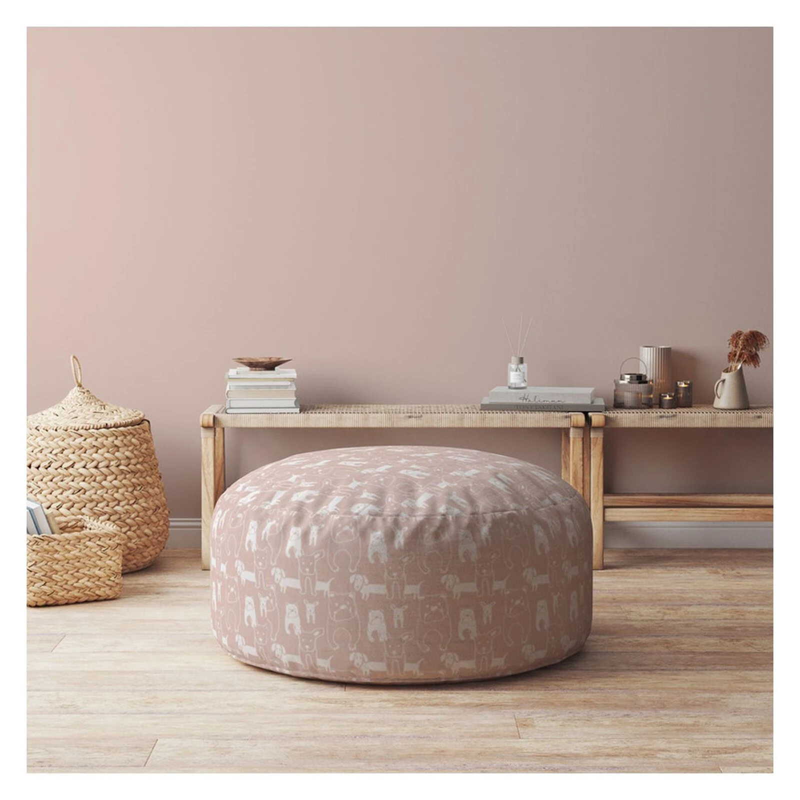 Homezia 24" Pink Cotton Round Animal Print Pouf Ottoman 4 Homezia 24" Pink Cotton Round Animal Print Pouf Ottoman - Image 2