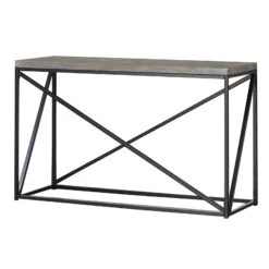 Industrial Style Minimal Sofa Table With Wooden Top And Metallic Base, Gray-Benzara