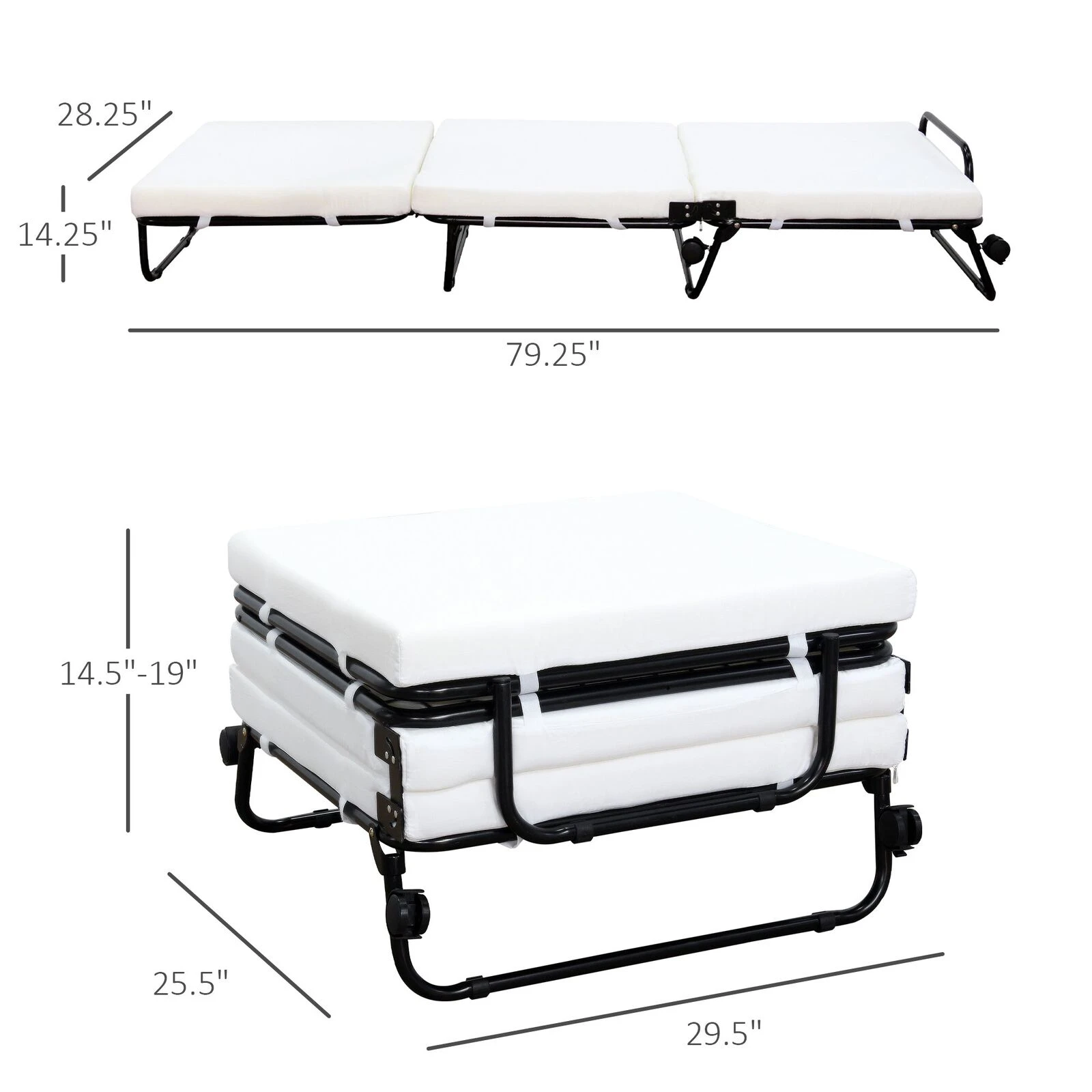 Portable Folding Bed, Single Guest Bed Convertible Sleeper Ottoman With Wheels, Mattress For Bedroom & Office, White 5 Portable Folding Bed, Single Guest Bed Convertible Sleeper Ottoman With Wheels, Mattress For Bedroom & Office, White - Image 3