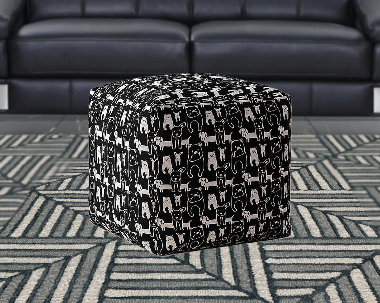 Homezia 17" Black Cotton Dog Print Pouf Ottoman 7 Homezia 17" Black Cotton Dog Print Pouf Ottoman - Image 5