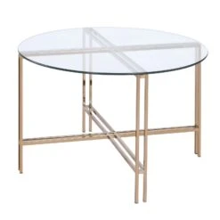 Coffee Table With X Shaped Metal Base And Round Glass Top, Gold-Benzara