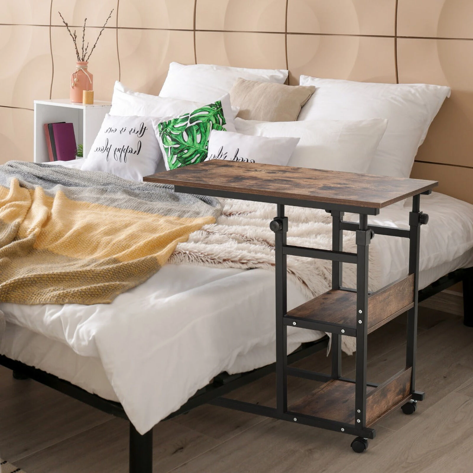 Industrial Style C-Shaped Mobile Sofa Bed Side Table Adjust Height 3-Tier Nightstand Home Cart W/ Casters Brake 4 Industrial Style C-Shaped Mobile Sofa Bed Side Table Adjust Height 3-Tier Nightstand Home Cart W/ Casters Brake - Image 2