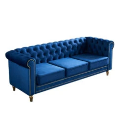 Chesterfield Velvet Sofa 84.65 Inch For Living Room BLUE Color