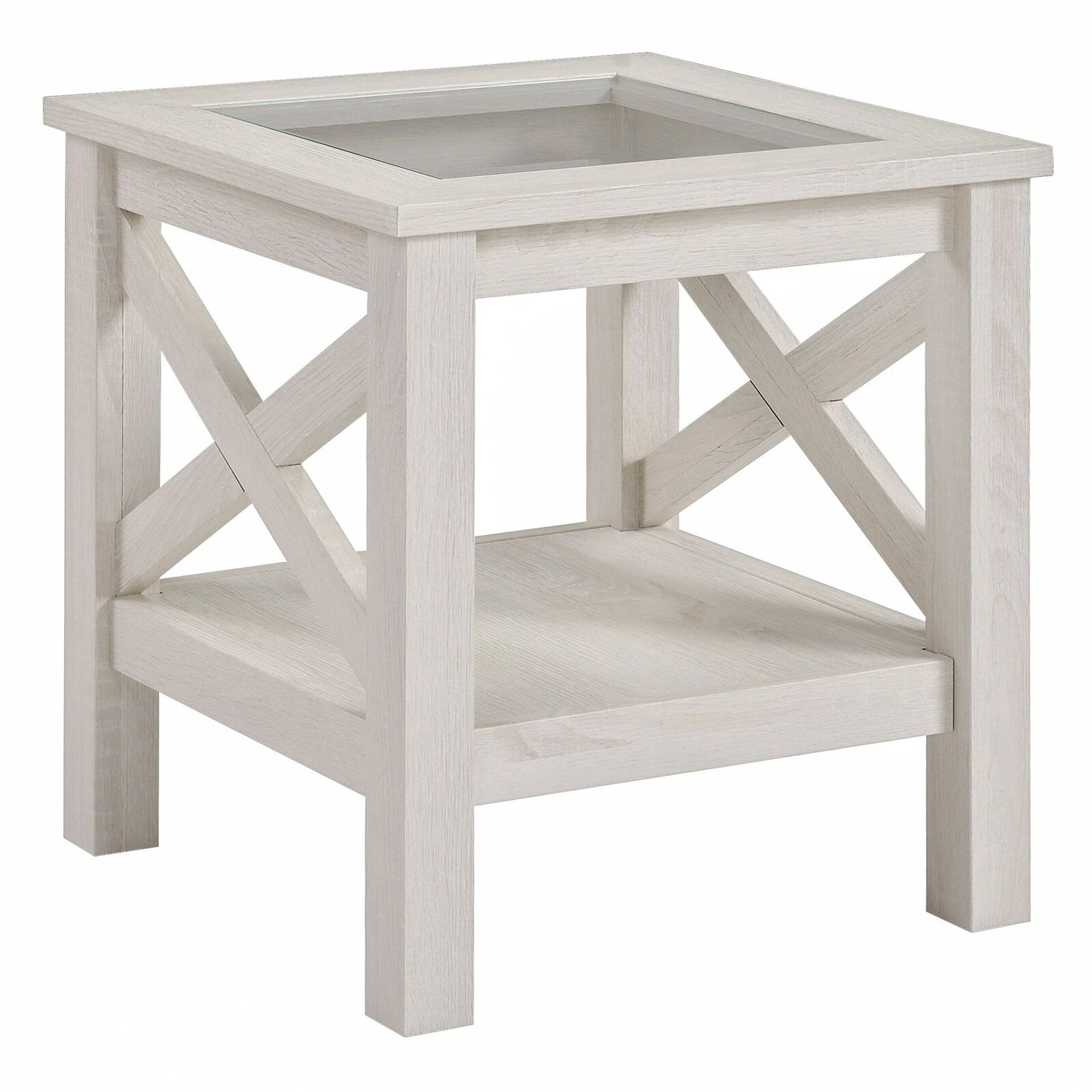 Farmhouse End Table, Sofa Side Table With Tempered Glass Top, Coffee Table With Underneath Storage Shelf For Living Room, Bedroom, White Oak 3 Farmhouse End Table, Sofa Side Table With Tempered Glass Top, Coffee Table With Underneath Storage Shelf For Living Room, Bedroom, White Oak