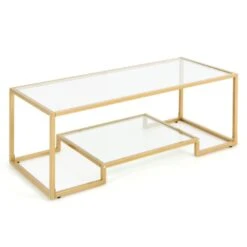 Modern 2-Tier Rectangular Coffee Table With Glass Table Top-Golden