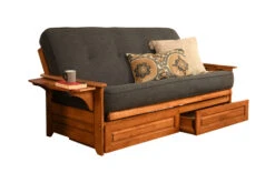 Phoenix Futon With Storage Drawers In Barbados Finish With Linen Charcoal Mattress