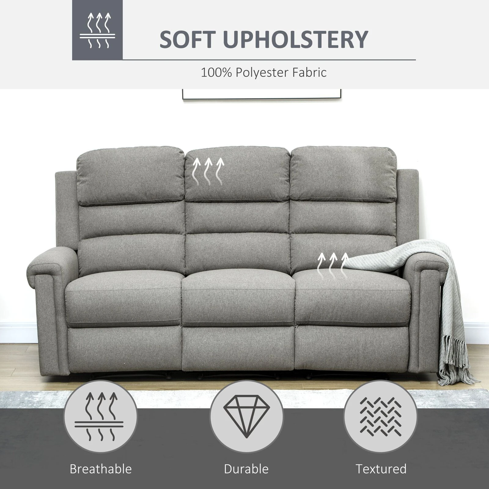 Modern 3 Seater Manual Reclining Sofa Lounger With Easy Pull Handles, And Adjustable Footrest, Grey 8 Modern 3 Seater Manual Reclining Sofa Lounger With Easy Pull Handles, And Adjustable Footrest, Grey - Image 6