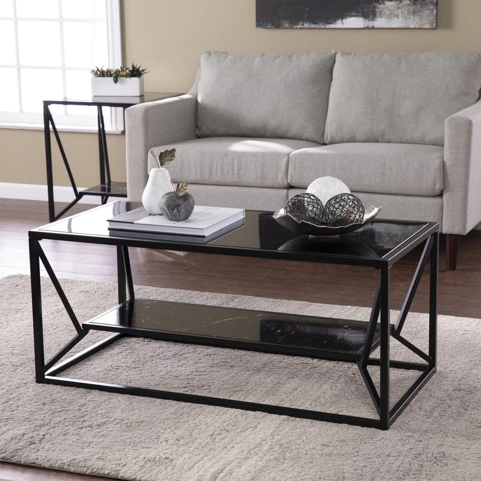 Homezia 42" Glass And Metal Rectangular Coffee Table 4 Homezia 42" Glass And Metal Rectangular Coffee Table - Image 2
