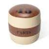 17 Inch Round Striped Paris Ottoman, Modern Brown And Beige Faux Leather-Benzara -Olsberg shop 22613ebd91204cc8ae7f828973245034