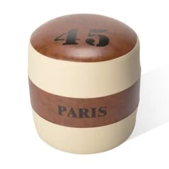17 Inch Round Striped Paris Ottoman, Modern Brown And Beige Faux Leather-Benzara