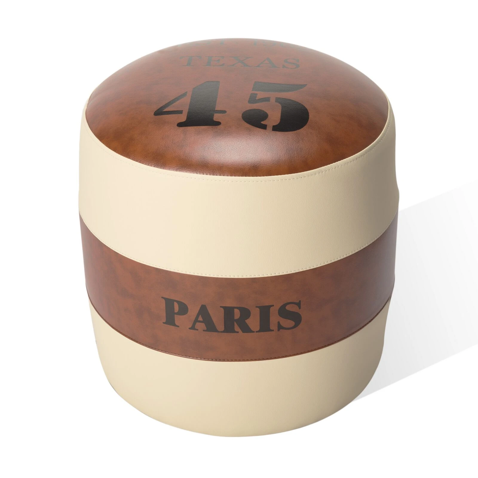 17 Inch Round Striped Paris Ottoman, Modern Brown And Beige Faux Leather-Benzara 3 17 Inch Round Striped Paris Ottoman, Modern Brown And Beige Faux Leather-Benzara