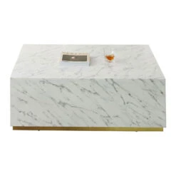 Modern Square Coffee Table Low Gloss Marble White Finish End Table For Living Room 39.37" W X 13.78" H
