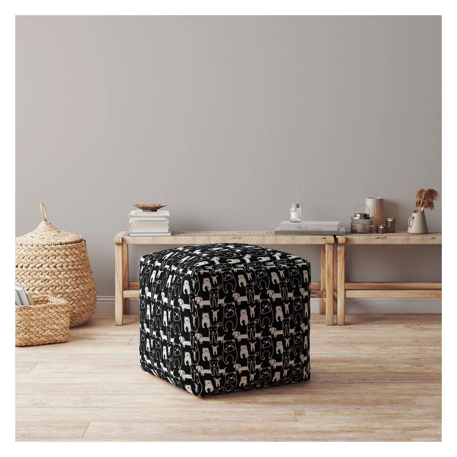 Homezia 17" Black Cotton Dog Print Pouf Ottoman 4 Homezia 17" Black Cotton Dog Print Pouf Ottoman - Image 2
