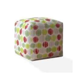 Homezia 17" White Green And Red Polka Dots Pouf Ottoman