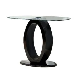 Contemporary Tempered Glass Top Sofa Table With O Shape Base, Black-Benzara