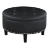 30 Inch Round Storage Ottoman, Black Vegan Faux Leather, Button Tufted-Benzara -Olsberg shop 26f3075cc6e54e318c6b868a3387f282