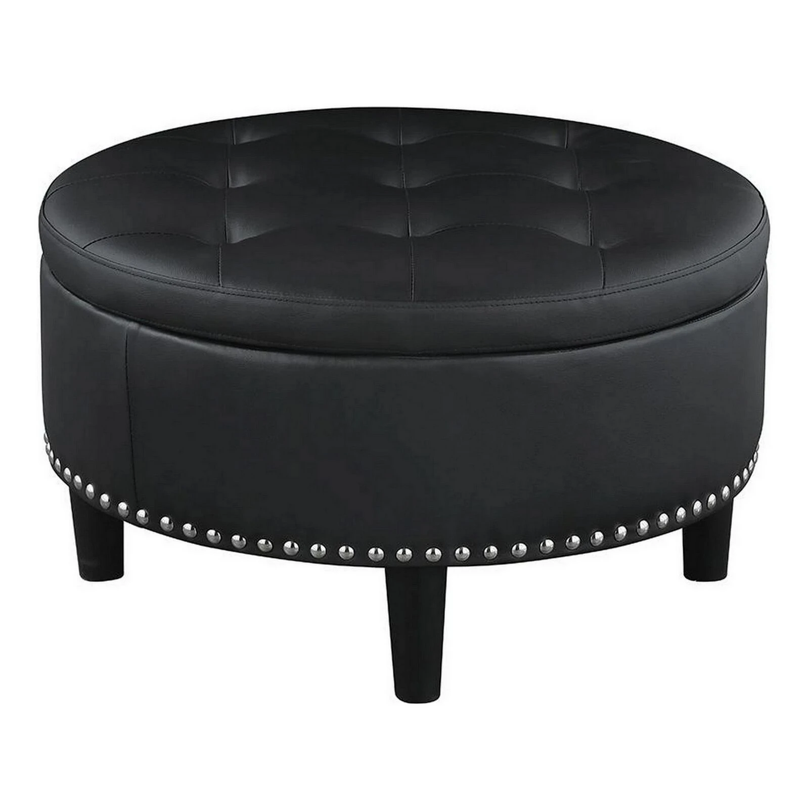 30 Inch Round Storage Ottoman, Black Vegan Faux Leather, Button Tufted-Benzara 3 30 Inch Round Storage Ottoman, Black Vegan Faux Leather, Button Tufted-Benzara