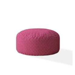 Homezia 24" Pink Cotton Round Chevron Pouf Ottoman