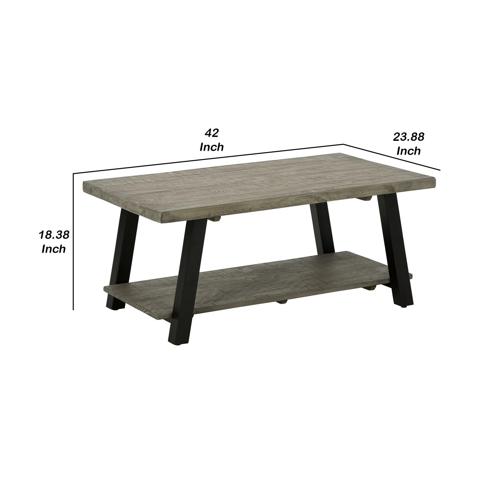 Modern 42 Inch Coffee Table, Solid Pine Wood Top, Metal Base, Muted Gray-Benzara 7 Modern 42 Inch Coffee Table, Solid Pine Wood Top, Metal Base, Muted Gray-Benzara - Image 5