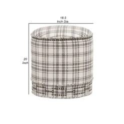 Elly 20 Inch Plaid Fabric Ottoman, Round, Nailhead Accents, Gray, White-Benzara 12 Elly 20 Inch Plaid Fabric Ottoman, Round, Nailhead Accents, Gray, White-Benzara -Olsberg shop 2b37133db1f14699893b597e5b26fe4f