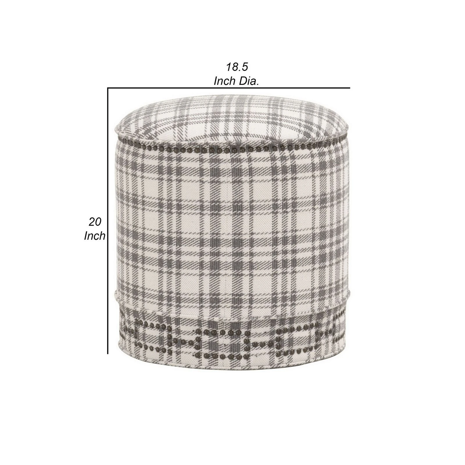 Elly 20 Inch Plaid Fabric Ottoman, Round, Nailhead Accents, Gray, White-Benzara 7 Elly 20 Inch Plaid Fabric Ottoman, Round, Nailhead Accents, Gray, White-Benzara - Image 5